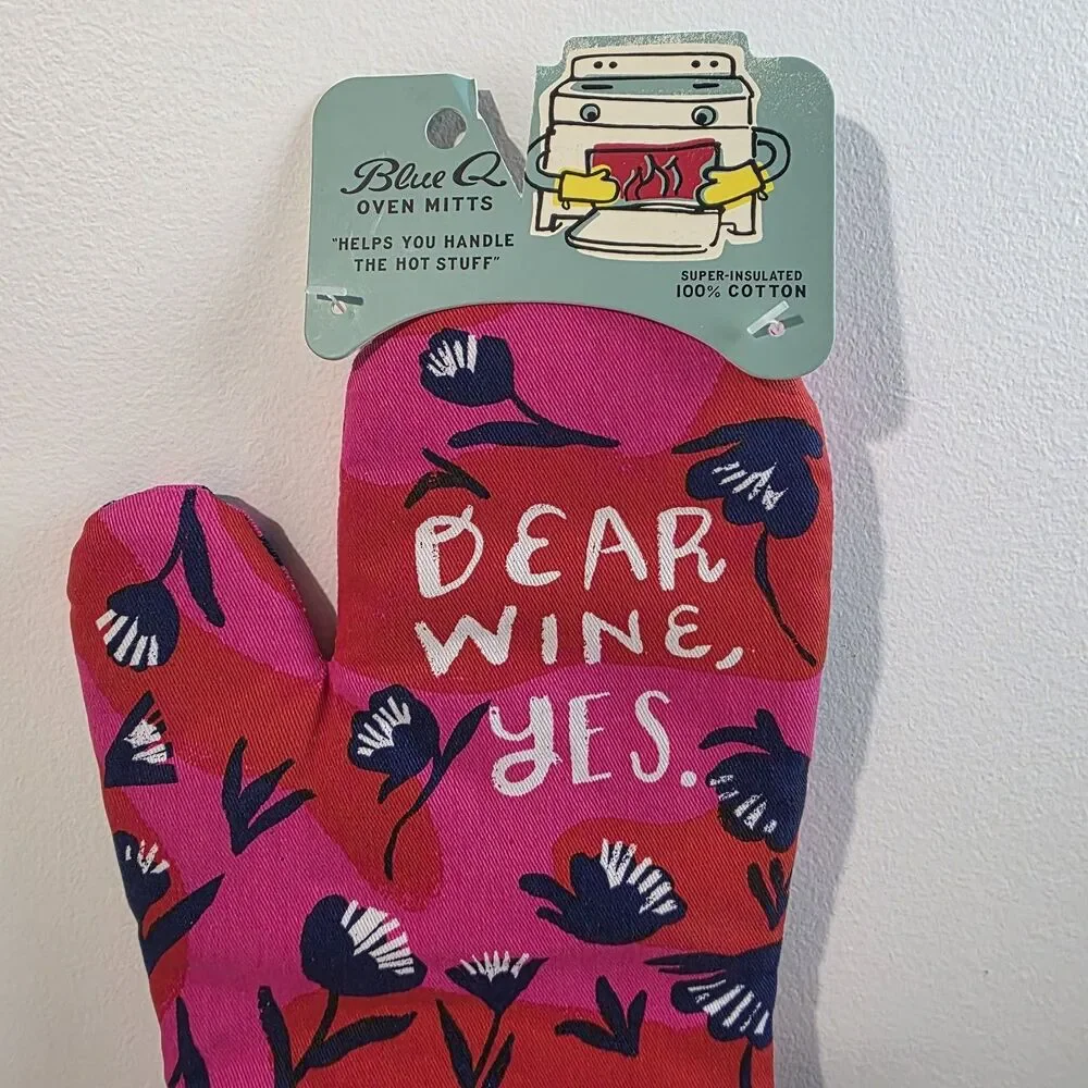 Blue Q Oven Mitt Kitchen Dear Wine Yes Flowers Red Pink Blue Cotton New Nwt